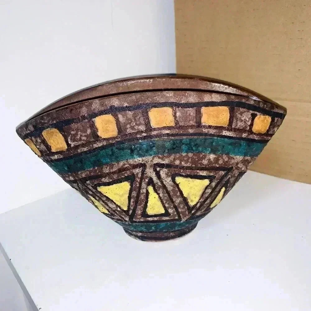 VTG Italian Lava pottery vase flattened sides home interior mid century decorati